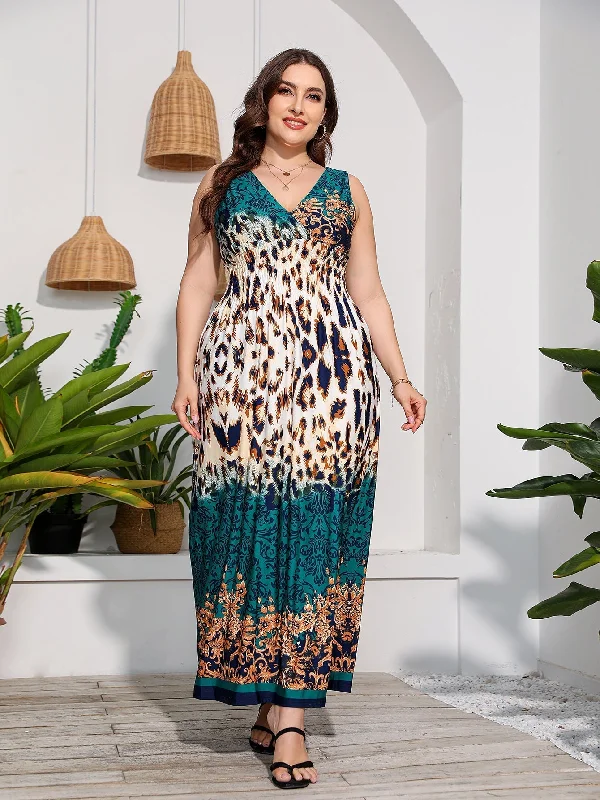 KittenAlarm - Plus Size V-neck Print Maxi Dress Beach Dress