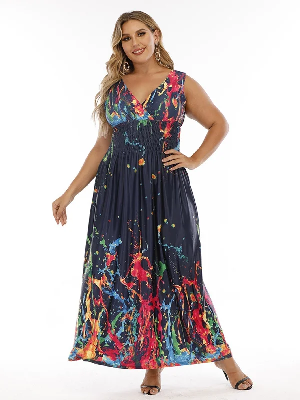 KittenAlarm - Plus Size Double V-neck Print Smocked Waist Maxi Dress