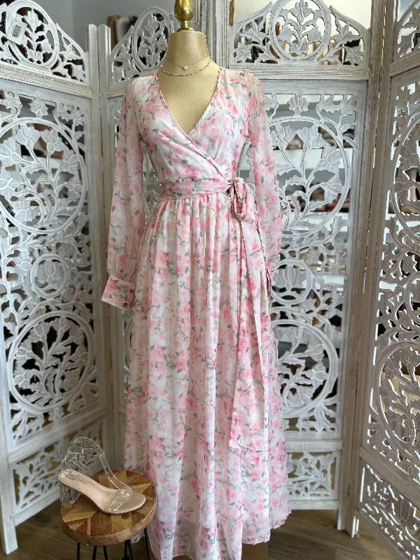 Pink Floral Wrapped Maxi Dress- Slightly Stretchy