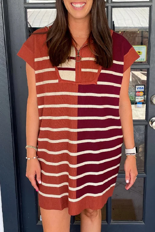 Brown Stripe Color Block Short Sleeve Quarter Zip Mini Dress