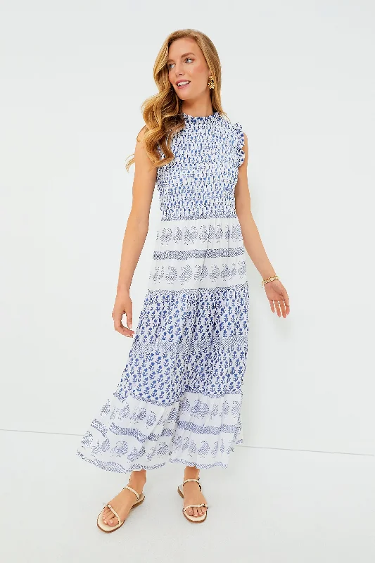 Exclusive Flora Blue Sleeveless Smocked Maxi Dress