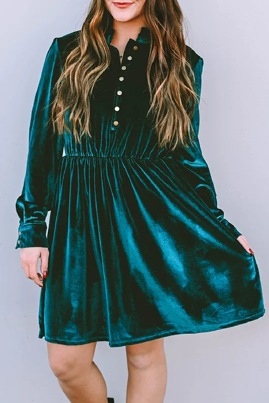 Green Velvet Frill Neckline Buttoned Front Ruffle Mini Dress