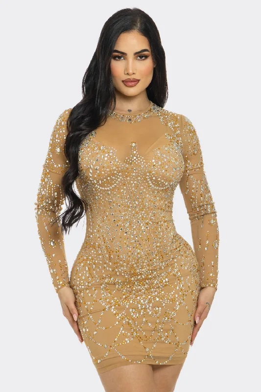 Ladies Night Out / Tan Rhinestone Embellished Bodycon Mini Dress