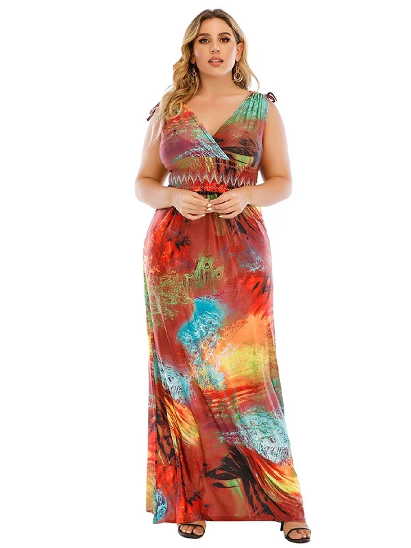 KittenAlarm - Plus Size M-6XL Surplice Front Elastic Waist Multicolor Fantastic Maxi Dress