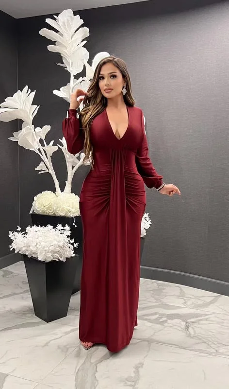 Burgundy Deep V Split Ruched Maxi Dress- Stretchy, Estira