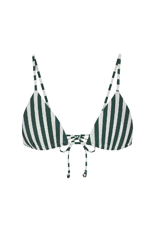 String Triangle Bikini Top in Green Vertical Stripes