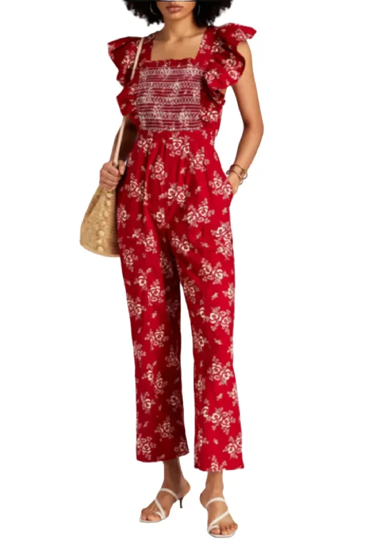 Alessia Print Smocked Jumpsuit In Red