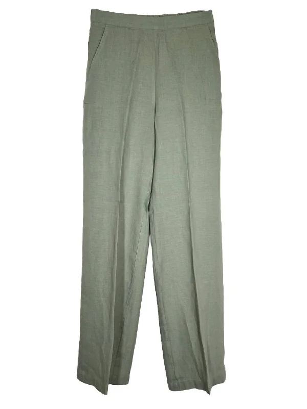 Women Solid Linen Pant In Sage Green