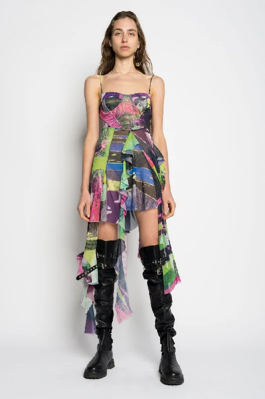 GRAFFITI PRINT MESH CORSET DRESS