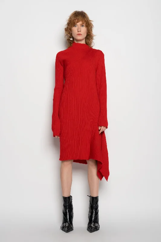 RED DRAPED NECK DRESS