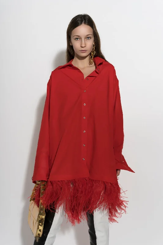 RED FEATHER HEM SHIRT DRESS