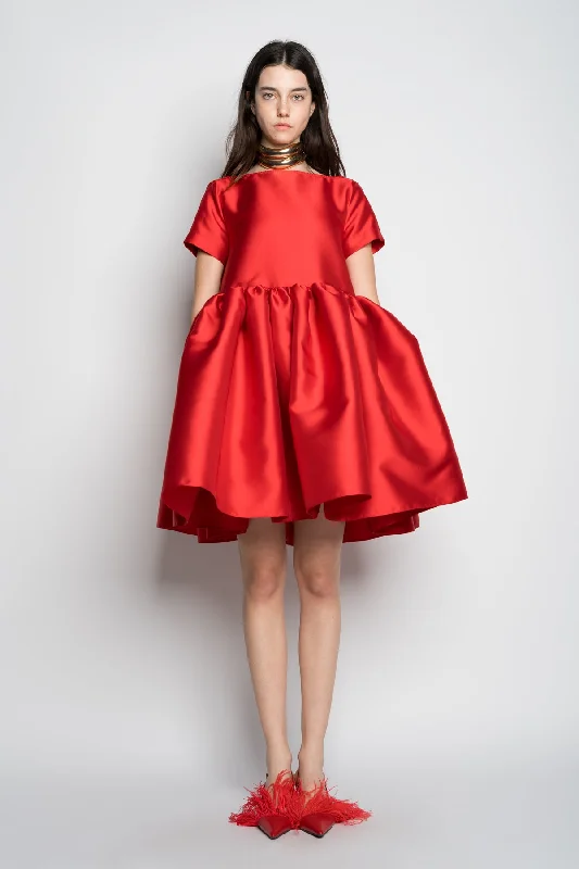 RED SHORT CAP SLEEVE PUFF DRESS