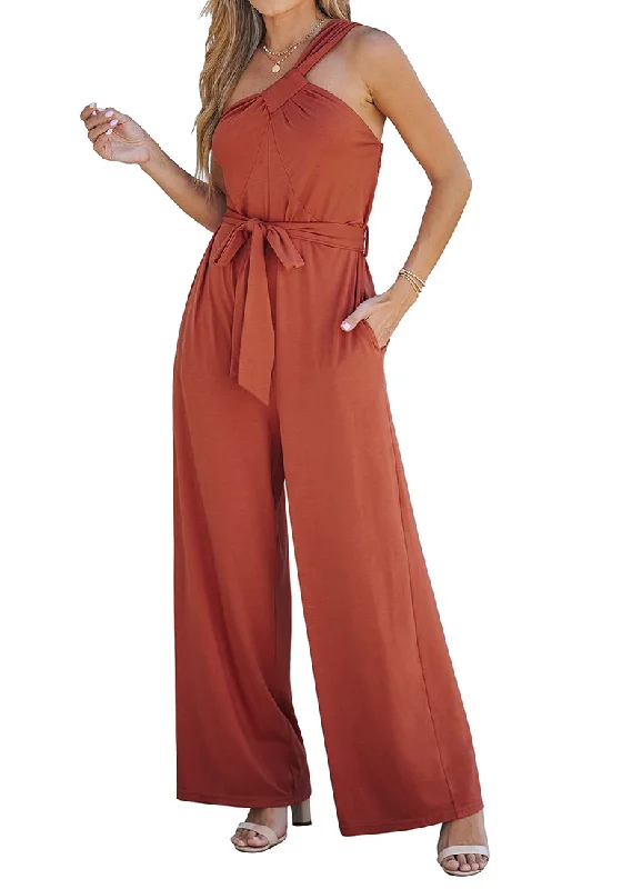 Rust Comfy Sleeveless Belted Jumpsuits & Long Rompers for Women