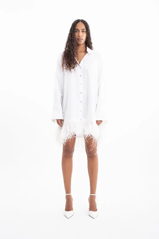 WHITE FEATHER HEM SHIRT DRESS